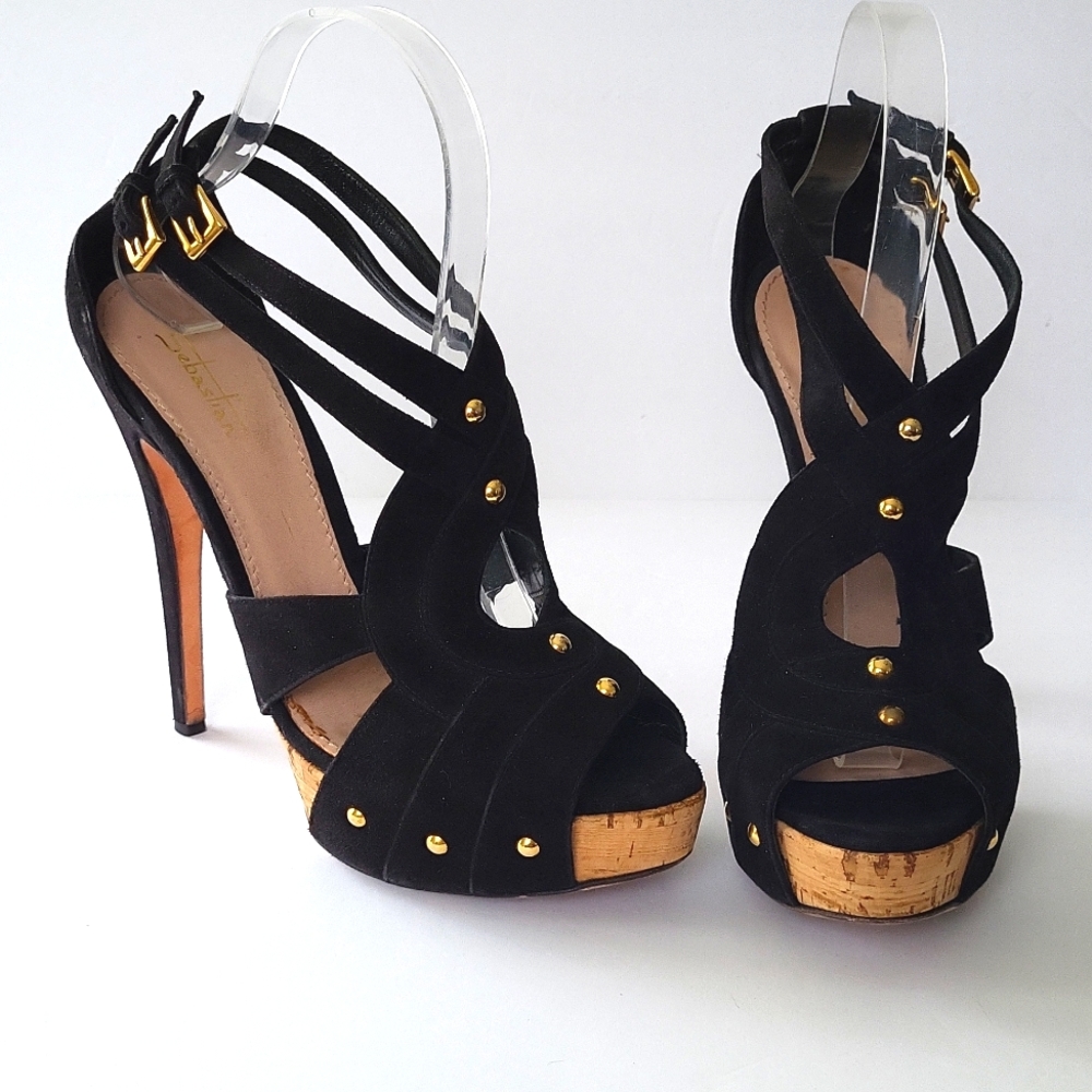 SEBASTIAN BLACK SUEDE STUDDED CORK PLATFORM HIGH HEELS